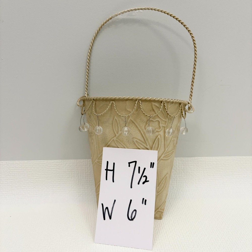 Vintage Wall Pocket Metal Floral Embossed Hanging Basket Cream - Picture 6 of 7